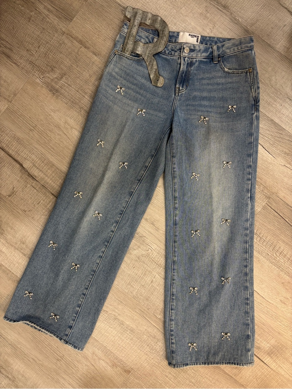 Rare DNM Wide-Leg Light Blue Jeans with Crystal Bow Accents